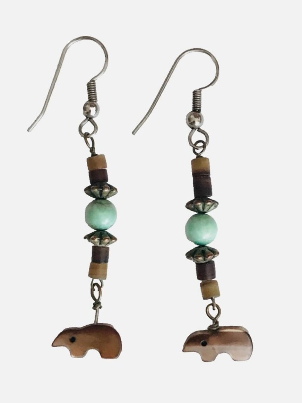 Bear Fetish Dangle Earrings Beaded Silver Hooks